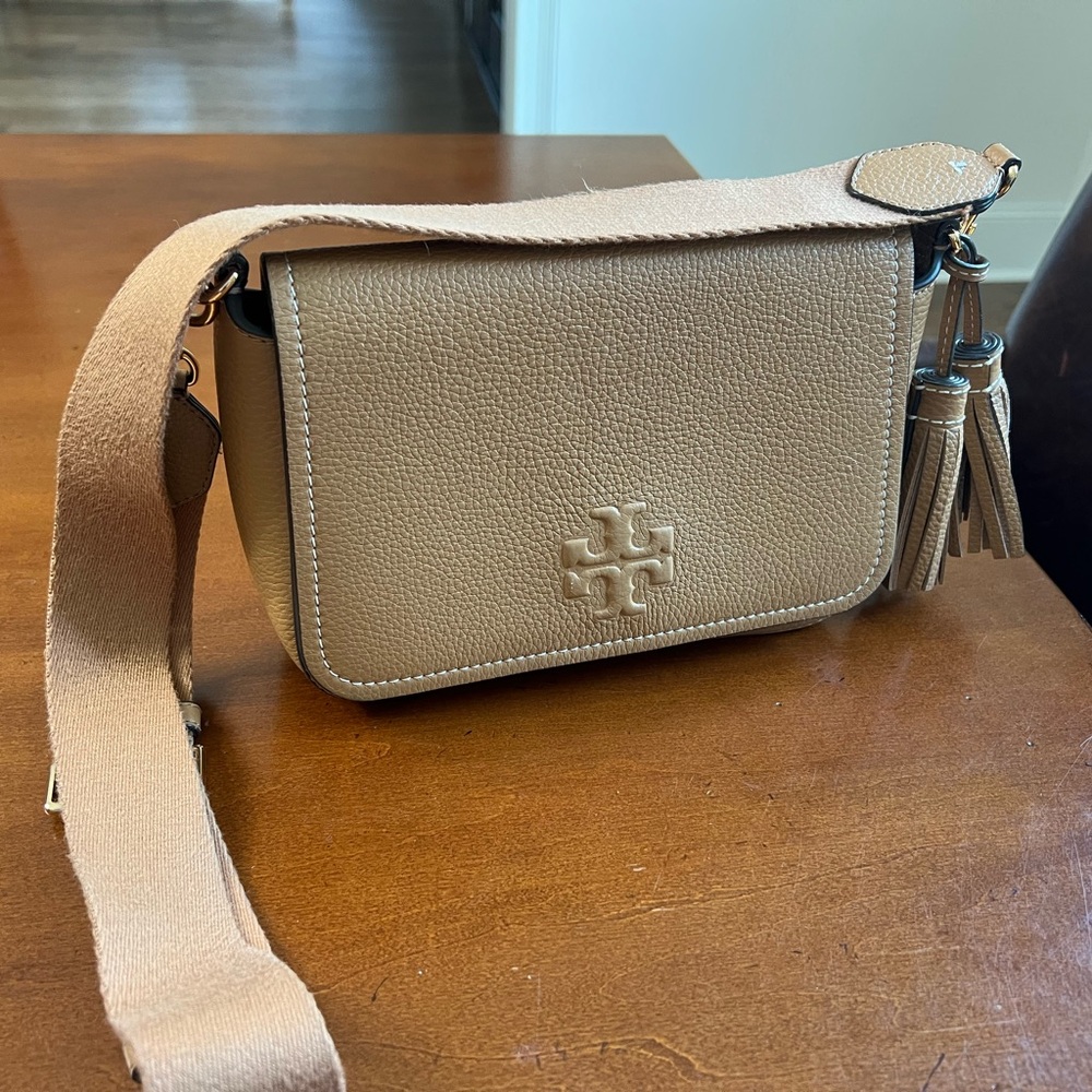 Tory Burch Tan Crossbody Bag with Logo and Silver Hardware
